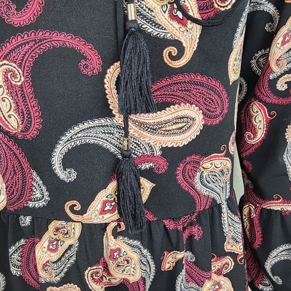 WHBM Paisley Black Bell Sleeve Boho Tunic Top Size M - Picture 2 of 13